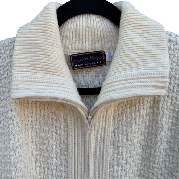 Comfort Knits Mens Vintage Ivory Full-Zip Basketweave Grandpa Cardigan Sweater L - Picture 4 of 9